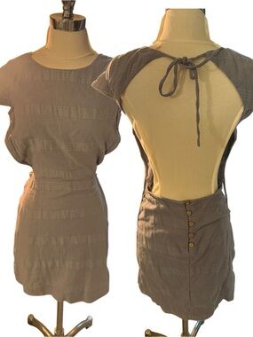 Free people gray backless cotton linen Open-Back Tie Mini Dress Sz XS